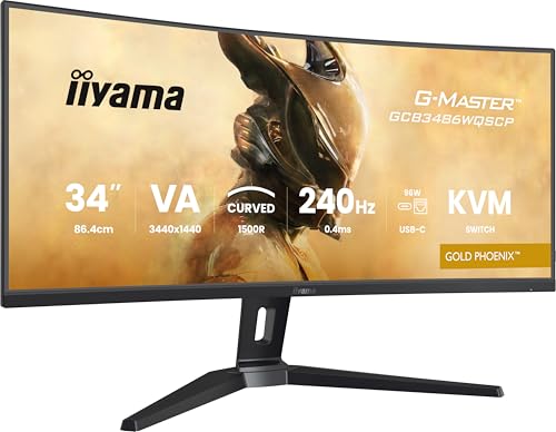 iiyama G-MASTER Gold Phoenix GCB3486WQSCP-B1 Curved 1500R 86.4cm 34“ VA LED Gaming Monitor UWQHD HDMI DP USB3.2 USB-C Dock 95W RJ45 LAN 0.4ms 240Hz KVM HDR400 FreeSync Premium PIP/PBP Höhenverstellung