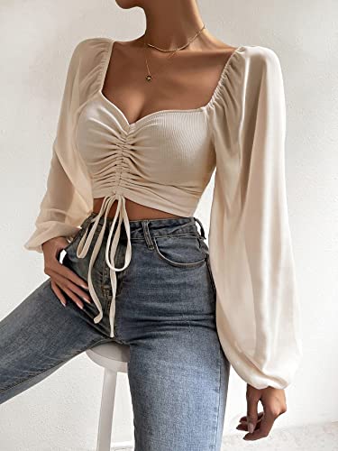 Verdusa Women's Sweetheart Neck Drawstring Ruched Lantern Sleeve Crop Top Blouse Beige S #TOP2