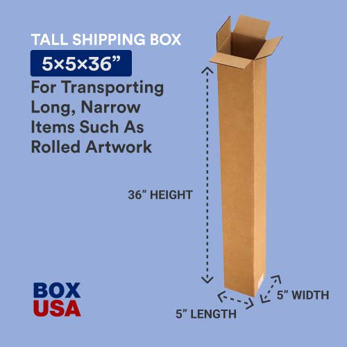 Image of BOX USA 5x5x36 Tall Corrugated Boxes, Tall, 5L x 5W x 36H, Pack of 25 | Shipping, Packaging, Moving, Storage Box for Home or Business, Strong Wholesale Bulk Boxes