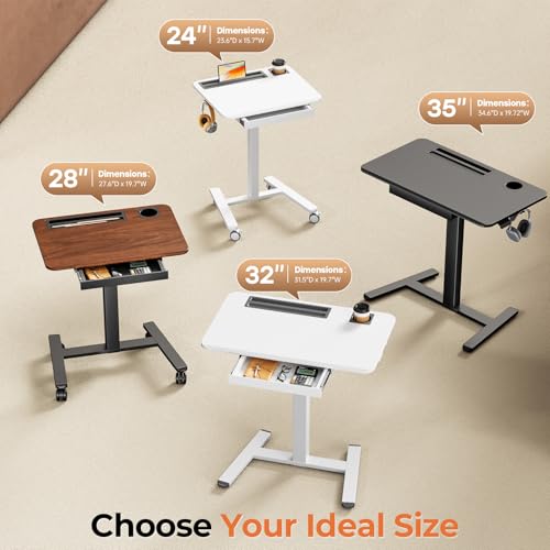 Image of Mobile Standing Desk with Drawer, 32 inch Rolling Desk with Cup Holder and Hooks, Portable Laptop Cart on Wheels, Height Adjustable Workstation with Storage for Home Office, White