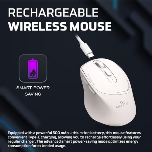Image of Amkette Hush Pro Epic Rechargeable Wireless Mouse /Bluetooth Mouse | 3 Device Connectivity (2xBT&2.4G)| 2400 DPI |Silent Switches| Premium Ergonomic Design Type C Charging | White