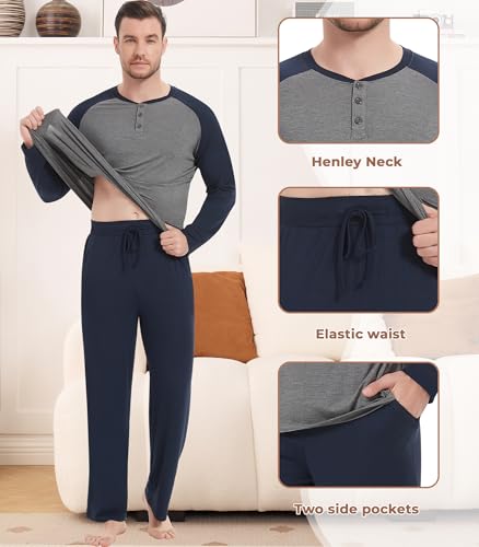 Image of NACHILA Mens Pajamas Set Viscose Made from Bamboo Henley Top Sleep Pants | Henley Top,Soft pants,Tagless Comfort,Moisture Wicking,Ultra silky, All season Loungewear Set, Jogger Sweatpant,Match set