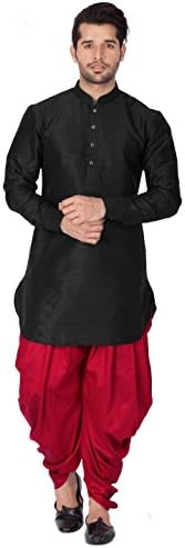 Mother VM Mens Silk Blend Kurta And Dhoti Set - Classic Ethnic Attire| Curved Shape Pathani Style Men's Mid Length Full Sleeves Mandarin Collar Kurta With Cowl Style Patiala Dhoti Pant Set