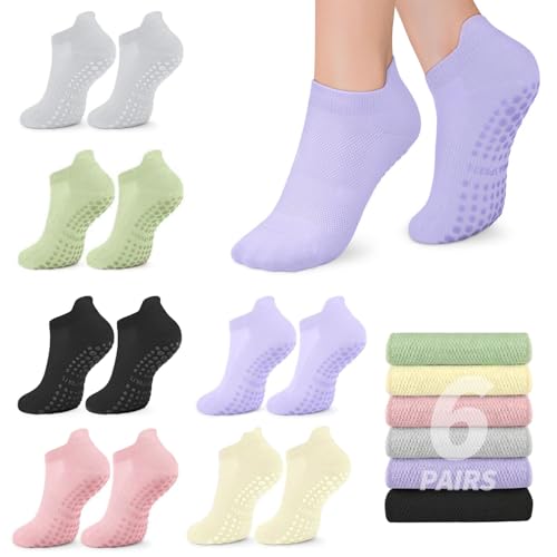 6 Pairs Pilates Yoga Grip Socks, Cushioned Silicone Grip Sole Breathable Fabric, Women Non Slip Grip Socks Anti-slip Yoga Pilates Sock for Hospital, Dance, Barre, Barefoot Workout & Ballet
