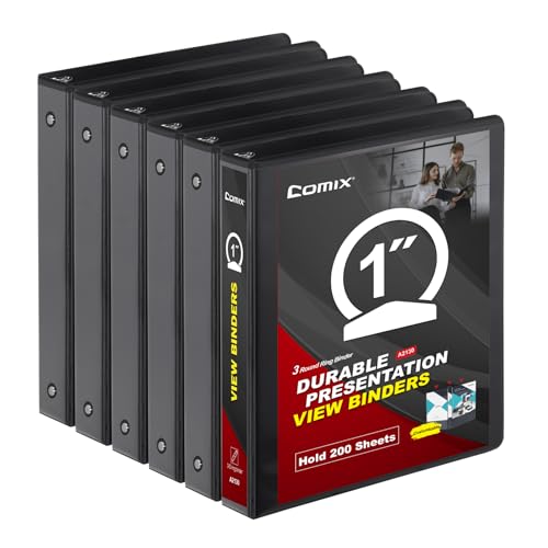 Image of COMIX Sturdy 3 Ring Binder 1 Inch with Clear View Cover | 1 inchRound Ring Design,PVC-Free Material,Holds 200 Sheets,Fits US Letter 8.5x11 Paper,Office & School,Home Use,6 Pack (Black)