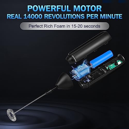 Rechargeable Milk Frother Whisk Handheld with USB-C Cable, Milk Frother Electric with S/S Whisk, 14000RPM Electric Whisk/Coffee Frother for Latte, Matcha, Protein Powder, Hot Chocolate (Black)