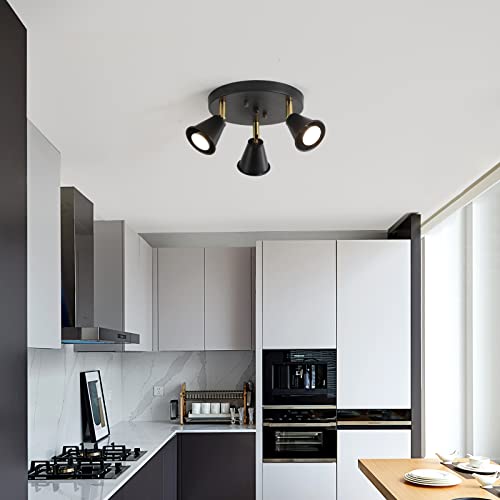 Yilynn Industrial Flush Mount Ceiling Light, 3-Light Led Ceiling Spot Track Lighting,Indoor Adjustable Kitchen Ceiling Light For Living Room, Dining Room,Bedroom,Hallway，Black,Gu10 Bulbs Included #TOP7
