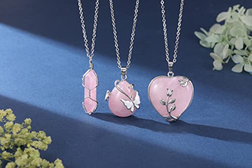 Top Plaza 3Pcs Natural Rose Quartz Healing Crystals Stones Necklace Wire Wrapped Stone Heart Point Waterdrop Pendant Necklaces Reiki Gemstone Quartz Jewelry For Women Ladies Mother's Day Mom Gifts #TOP1