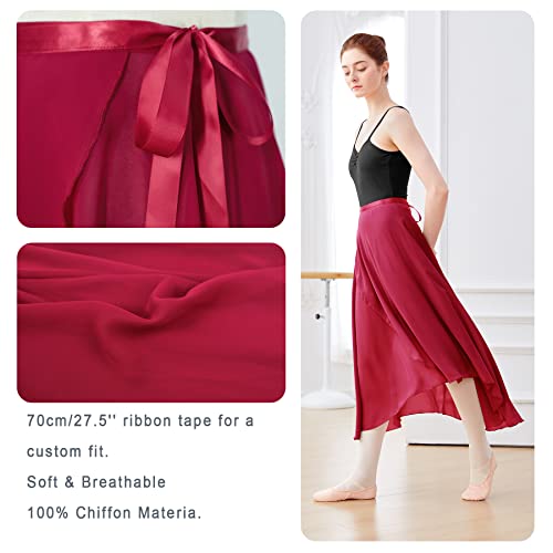 Phoeswan Dance Skirts For Women, Long Chiffon Ballet Skirt, Burgundy Women's Dance Wrap Skirt With Tie #TOP4