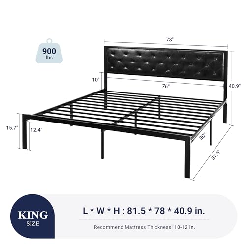 Image of Allewie King Bed Frame with Faux Leather Upholstered Headboard, Chic Diamond Stitched Tufted Design, No Box Spring Needed, Black