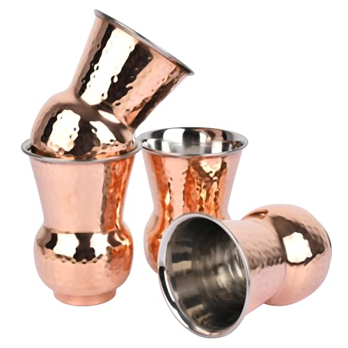 Zap impex Lot de 4 gobelets Mughalai en cuivre et en acier inoxydable - Capacité : 400 ml - Pour la maison et la cuisine