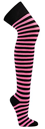 Krautwear® Damen Gestreifte Overknees Strümpfe Ringelstrümpfe Karneval Fasching Cosplay 80er Jahre (schwarz-pink)
