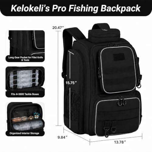Kelokeli Fishing Backpack, 40L Large Fishing Bag with Multiple Compartments | Fishing Tackle Backpack with Rod Holders,, Multiple Compartments, Rain Cover Padded Back for Freshwater and Saltwater Fishing - image 2