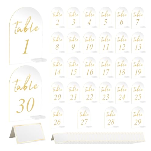 30 Sets Arch Wedding Table Numbers with Stands Gold Printed 1-30 Table Signs Clear Acrylic Table Number Display Stand for Wedding Reception Party Centerpieces Decor (4 x 6 Inch)