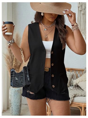 GORGLITTER Women's Plus Size Sleeveless Blazer Vest Tops Button Down Deep V Neck Open Front Blazer Jacket Office Work Trendy3