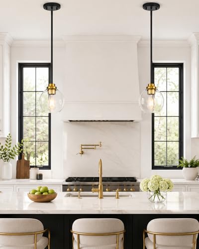 Image of Pendant Lights Kitchen Island, 7 inch Black and Gold Hanging Lights Fixtures with Clear Glass Globe Shade, Modern Kitchen Island Lighting for Bathroom, AD-22280-1P-KG