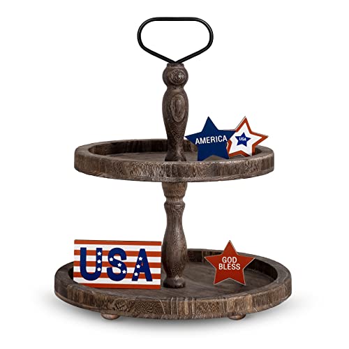 Mustry Rustic Wooden 2 Tiered Tray, Round Farmhouse Kitchen Table Decor Serving Tier Tray, Food Fruits Cupcake Display Coffee Bar Home Party Seasonal Decorations (Brown) Brown,coffee