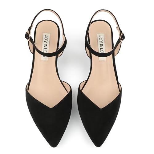 Image of JOY IN LOVE Women's Pointed Toe Kitten Heel Pumps, Ankle Strap Low Heel Work Dress Shoes