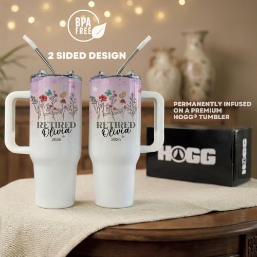 Elegant Retirement Gift for Women 40oz Tumbler, Personalized Minimalist Wildflower Retiree Travel Mug with Handle, Delicate Butterfly Cup Name Year - Pink - Mom Mother Mother in Law Stepmom Wife - Image 5