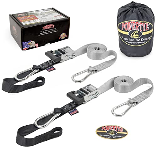 Image of PowerTye 1.5 inch x 10ft Ratchet Straps with Carabiners, Silver /Black Pair