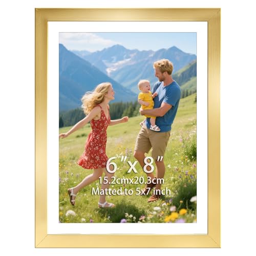 EYMPEU Gold 8x6 Photo Frames, Display Pictures 7x5 with Mat or 8x6 Without Mat, Picture Frames with Stand for Tabletop or Wall Hanging - Single