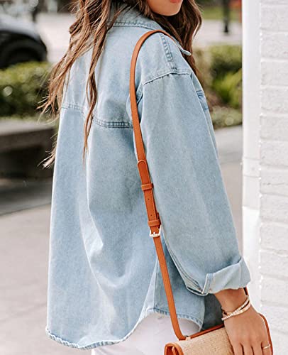 Ladyful Women's Oversized Denim Shirt Shacket Long Sleeve Jean Jacket Coat2