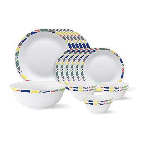 Larah by BOROSIL - Tiara Series, Garnet, 19 Pcs, Opalware Floral Dinner Set, White