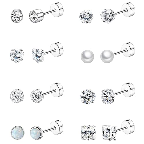 Staligue 8 Pairs Titanium Surgical Steel Earrings for Women Men Hypoallergenic Flat Back Stud Earrings for Sensitive Ears 20 Gauge Surgical Steel Cartilage Earring Opal CZ Pearl Small Nap Sleeper Earrings
