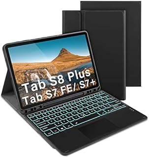 Backlit Touchpad Keyboard Case for Samsung Galaxy Tab S8+/ S7+ / S7 FE 12.4", Detachable Keyboard 7 Colors Backlight UK Layout with Case and Trackpad for Samsung Tab S7 FE/ S8 Plus / S7 Plus, Black
