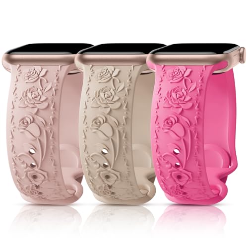 3 Packs Floral Engraved Bands Compatible with Apple Watch Band 40mm 41mm 38mm 42mm 44mm 45mm 49mm for Women, Soft Silicone Cute Embossed Rose Apple Watch Band for iWatch Series 12/11/10/9/8/7/SE,42MPH