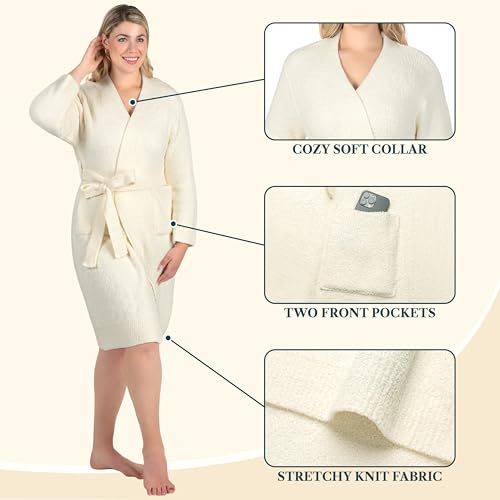 Image of PAVILIA Premium Plush Robe for Women, Soft Cozy Fuzzy Bathrobe with Pockets, Warm Mid-Length Lounge Robe with Tie Belt