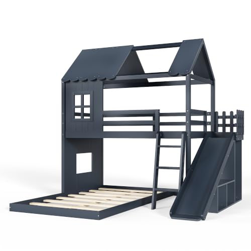 Image of Bellemave Bunk beds Twin Over Full with Slide,Ladders,Bookshelf and Wardrobe House roof Design, Low bunk /loft Bed for Kids,Blue