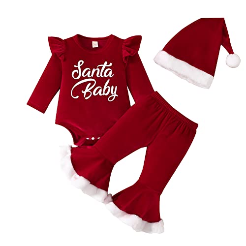 Image of Suolongsama Christmas Newborn Infant Baby Girl Outfit Long Sleeve Ruffled Santa Baby Romper+Flare Pants+Xmas Cap 3Pcs Set