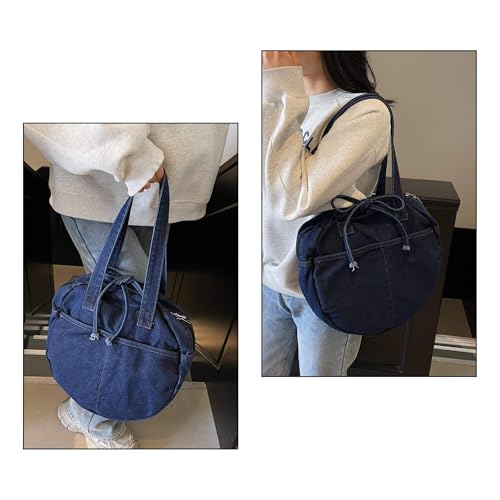 Stylish Round Denim Shoulder Bag with Bow, Lightweight Tote Bag for Women, Casual Retro Aesthetic Handbag for Work Travel2