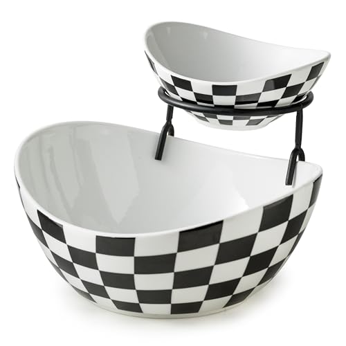 Miamolo Tiered Serving Bowls Chip and Dip Serving Set with Stand, Ceramic Appetizer Serving Dishes Platters and Trays for Parties Entertaining - Checkered Kitchen Decor by Miamolo - Used condition - US$26.29