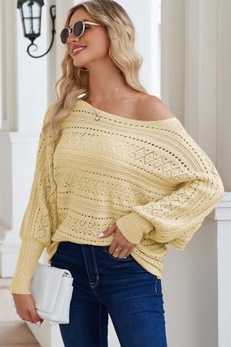 Image of Cakulo Womens Off Shoulder Crochet Sweater Top 2025 Fall Fashion Batwing Long Sleeve Sweaters Outfits Yellow XL