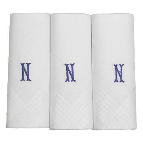 Mens/Gentlemens 3 Pack Plain White Handkerchiefs With 1 Letter Name Initials, N Cover