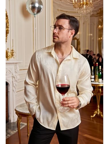 Vssjavun Mens Satin Dress Shirts Long Sleeve Silk Shirt Shiny Luxury Button Up Floral Shirt Party Prom Wedding Shirts2