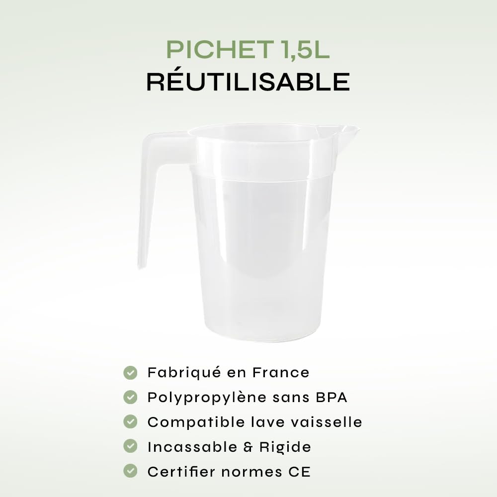 SPARKLERS CLUB Lot de 20 Pichets Réutilisables 1,5L en PP Alimentaire - Haute Résistance, Empilables, Compatibles Lave-Vaisselle (150 Lavages) - Parfait pour Événements et Collectivités