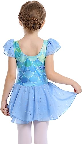 MdnMd Girls Ruffle Sleeve Dance Dress Leotards Blue Green Ballet Athletic Dress Outfit Tutu for Ballerina (G3-Blue, Age 6-8, Blue)