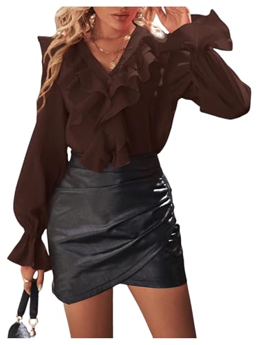 SweatyRocks Women's Ruffle Blouse Button Up V Neck Flounce Long Sleeve Shirts Tops4