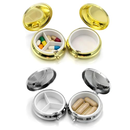 Kaiyzo 4 PCS Scatoline Portapillole in Metallo, Astuccio da Viaggio e Organizer Farmaci, 2 a 3 Scomparti e 2 a Scomparto Singolo, Capacità 30 ml, Oro e Argento