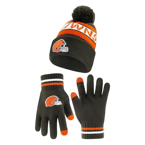 Ultra Game NFL Official Adults Unisex Super Soft Winter Beanie Knit Hat with Extra Warm Touch Screen Gloves, Cleveland Browns, Team Color 2, 1SIZE