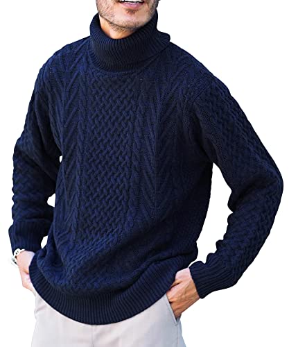 [JIGGYS SHOP] ジギーズショップ アランニット｜L cミックスネイビー セーター ケーブルニット ケーブル編み Vネック クルーネック タートルネック 秋 冬 厚手 ペア お揃い ユニセックス 黒 白 茶色 青 低刺激 シンプル 大人 紳士 着回し ゆったり 大きめ