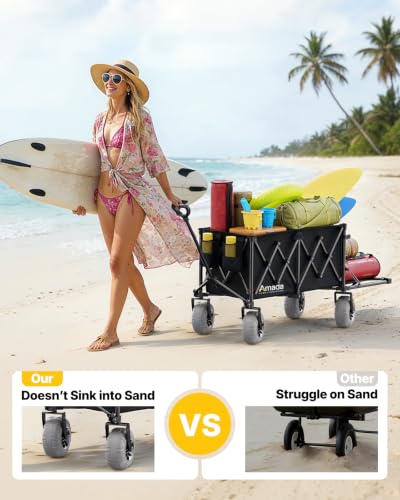 Image of Beach Wagon with Big Wheels for Sand, 260L Capacity, Heavy Duty All-Terrain Folding Wagon with Expandable Rear, Durable Carbon Steel Frame & Big 8.3 inch Wheels for Beach, Outdoor & Camping Activities