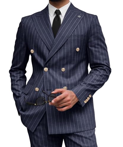 Wangyue Men's Pinstripe Suit Slim Fit 2 Pieces Double-Breasted Blazer Pant for Wedding Business