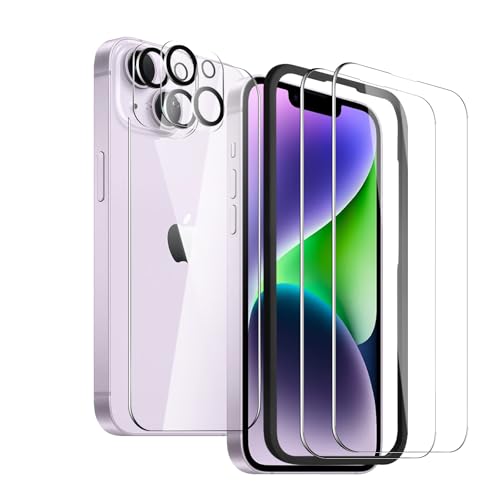 SUJASEN 2 Pack Front Screen and Camera Lens Protector Compatible with iPhone 14 & Back Glass Protector, 9H Hardness, Easy Installation with Alignment Aid