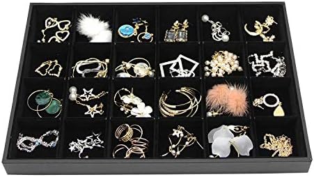 Black Velvet Stackable 24 Grid Jewelry Tray Showcase Display Organizer Holder Dividers for Teen Stud Drop Earring, Watch, Bead, Trinket Storage Adjustable Box Case Dish for College Dorm Woman Drawer