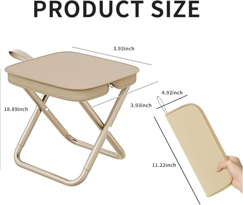 Image of Folding Stool Portable Mini Camping Stool with Carry Bag - Lightweight Foldable Outdoor Seat with Metal Frame and Fabric Top for Travel Fishing Hiking Garden Picnic (Beige)