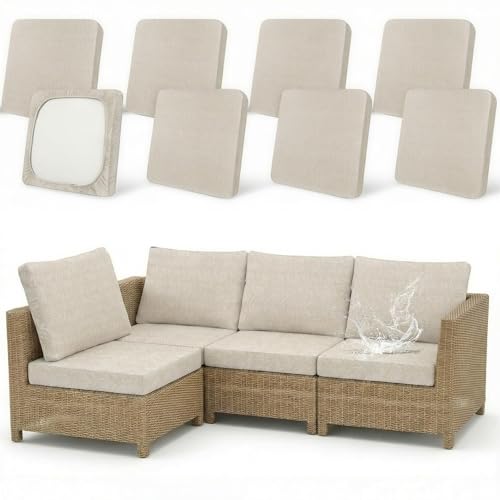 Joy Bubble 8 Pack Outdoor Cushion Covers Water Resistant High Stretch Fit Patio Cushion Covers 180g Couch Seat Slipcovers Machine Washable Pet & Kids Friendly Home Refresh 20-27 Inch, Beige